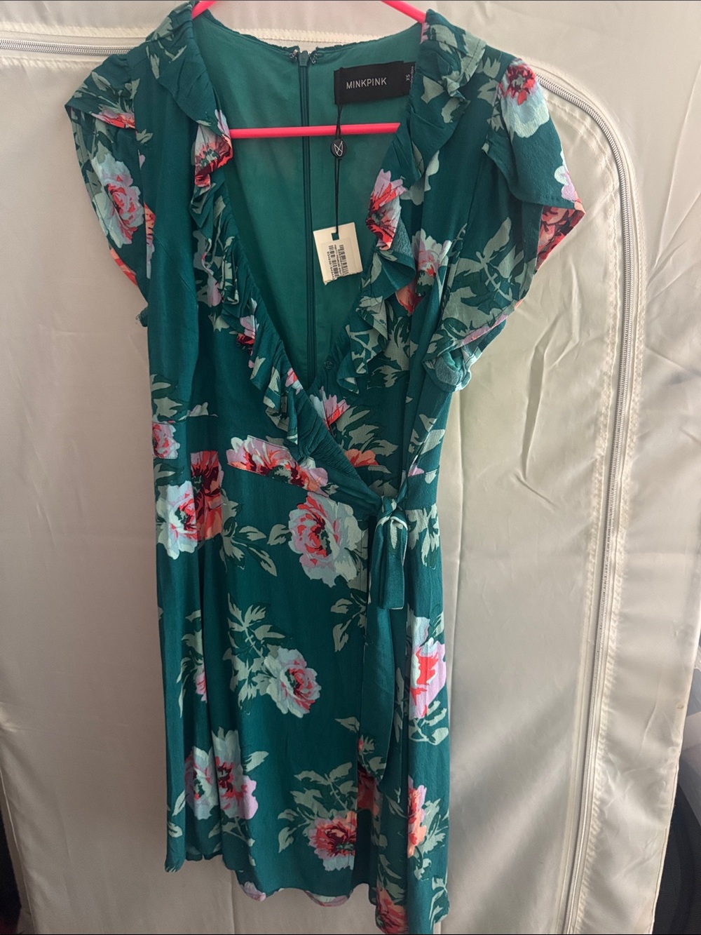 MINKPINK Teal Floral Wrap Dress with Pink & Cream Blooms